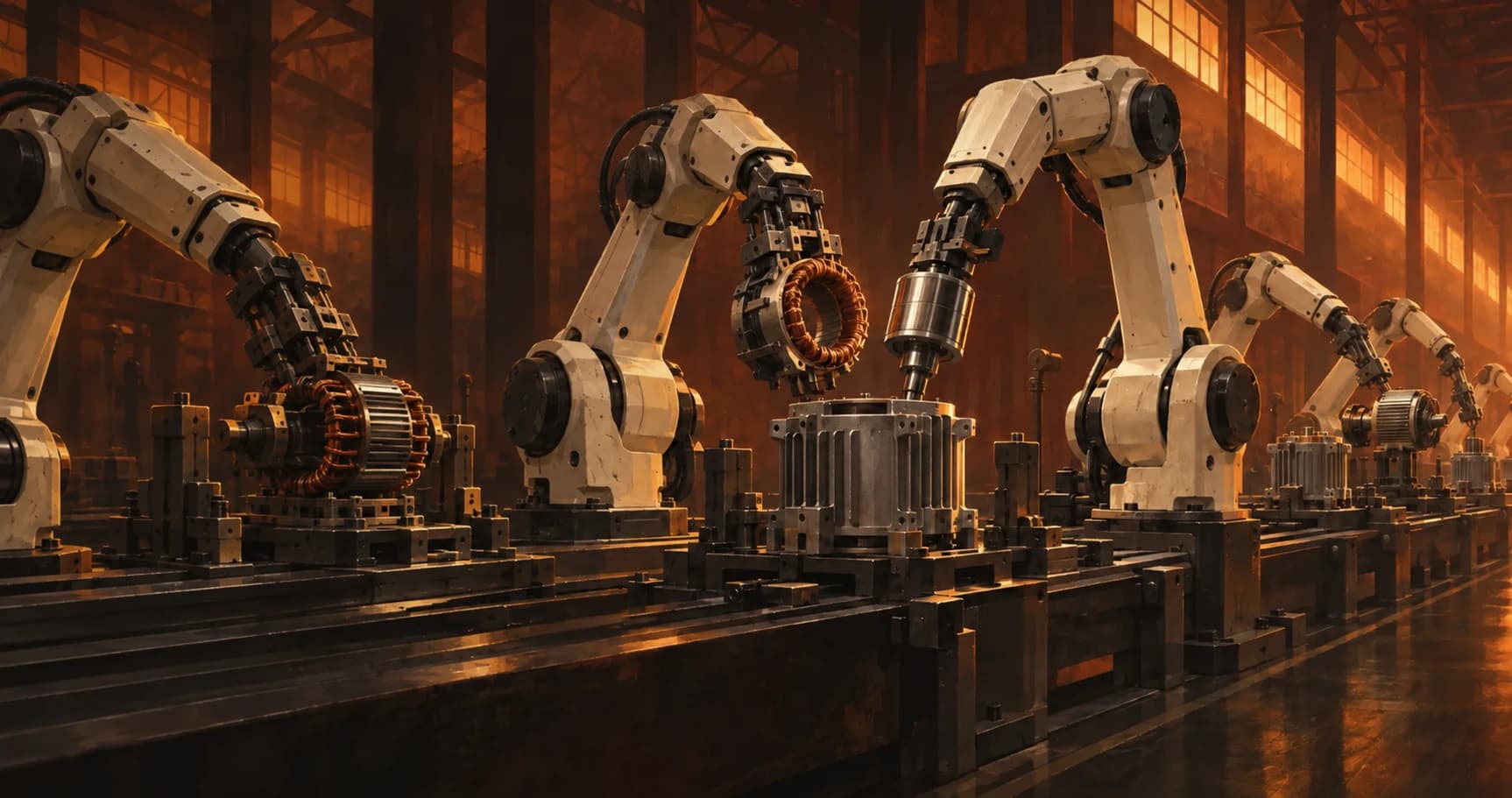 Ivory robotic arms assemble copper-wound electric motors in a dark factory lit by warm amber windows.